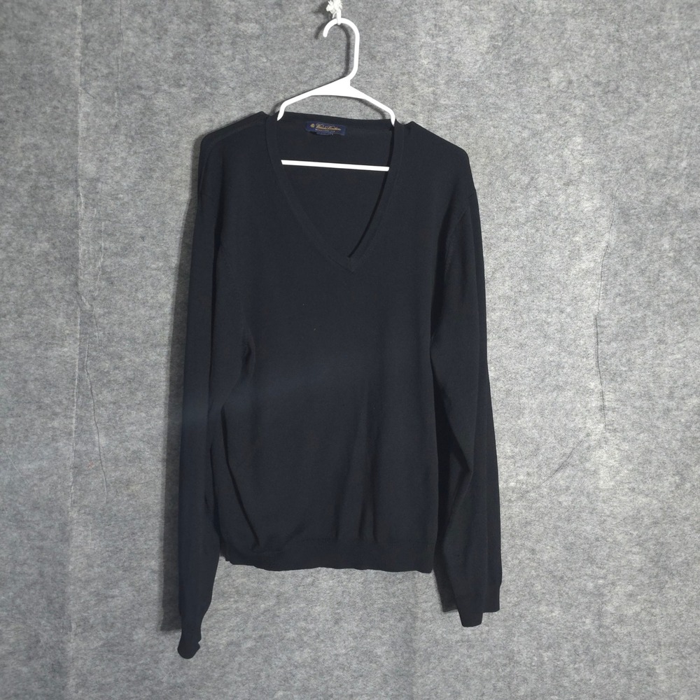 Brooks Brothers V-Neck Sweater Mens XL Black Merino Wool Blend Knit Pullover